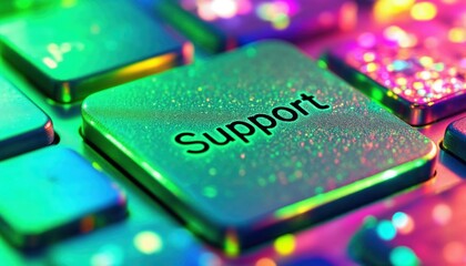 Close-up of a computer keyboard with a glowing 'Support' key in vibrant colors, creating a dynamic and futuristic tech atmosphere.