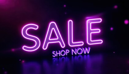 Vibrant neon sign with the word 'SALE' in glowing pink lights, urging shoppers to 'Shop Now' against a dark background, creating an energetic and trendy vibe.
