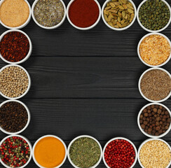 Frame of assorted spices in bowls