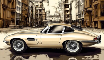 Classic Vintage Car in Urban Setting with Retro Architecture and Realistic City Background, Featuring Elegant Design and Captivating Color Palette