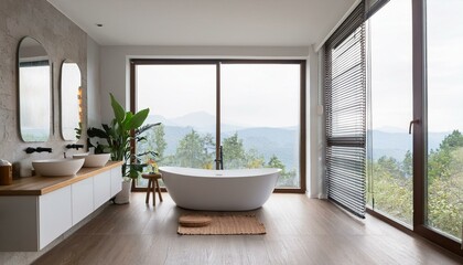 Fototapeta premium Light bathroom interior with bathtub and washbasin, panoramic window. Mockup