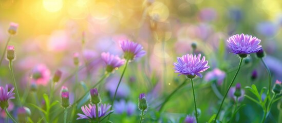 Obraz premium Purple Flowers in a Field with Green Bokeh