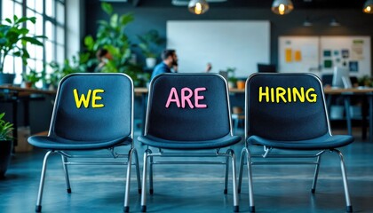 Three chairs display a hiring message in a modern office with a blurred background, symbolizing a job opportunity in a contemporary work environment.