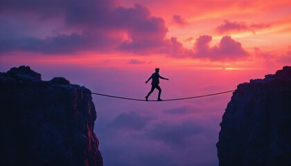Silhouette of a man balancing on a tightrope over a canyon at sunset, with a vivid sky painted in shades of pink, orange, and purple.
