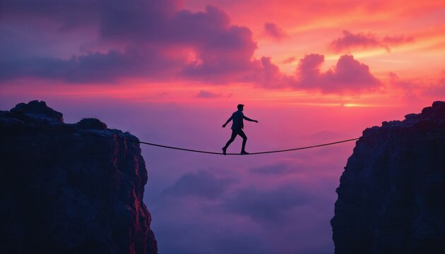 Silhouette of a man balancing on a tightrope over a canyon at sunset, with a vivid sky painted in shades of pink, orange, and purple.