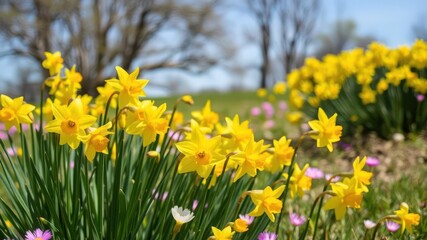 Obraz premium A beautiful field of bright yellow daffodil flowers basking in the sun, fresh, daffodils