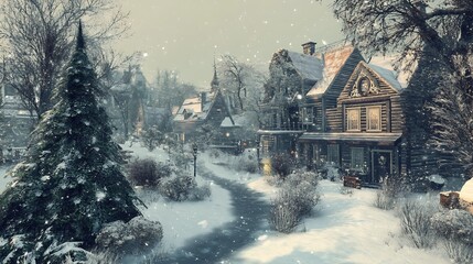 Fototapeta premium Snowy Village Winter Scene