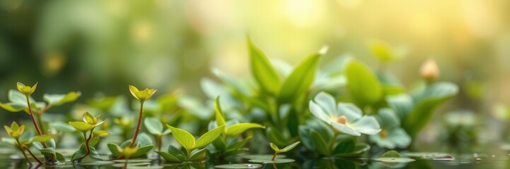 Blurred image of serene water and lush green plants, blurry, plants