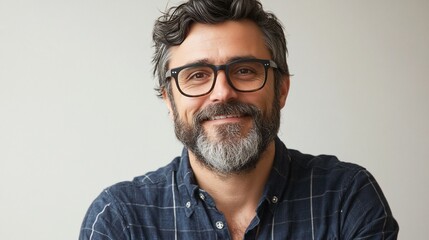 Obraz premium Happy middle-aged man with glasses and beard smiling.