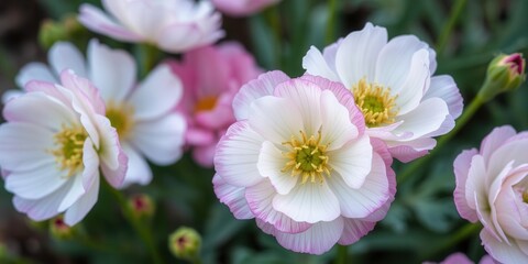 Obraz premium Close-up of beautiful pink and white ranunculus flowers blooming in a garden, bloom, floral