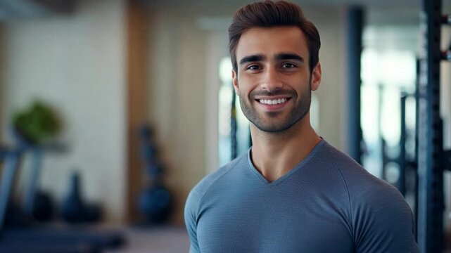 A cheerful man showcases his fitness journey in a well equipped gym during a morning workout, promoting health and positivity
