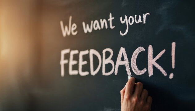 Close-up of a hand writing 'We want your feedback!' on a blackboard in warm sunlight.