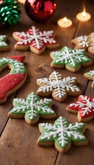 Fototapeta premium decorated holiday cookies arranged on a rustic wooden table against a background of twinkling lights