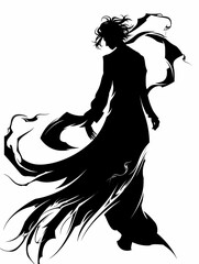 Silhouette of a woman with long hair and a scarf. The woman is wearing a long dress and she is walking. The image has a mysterious and ethereal mood, with the woman's form