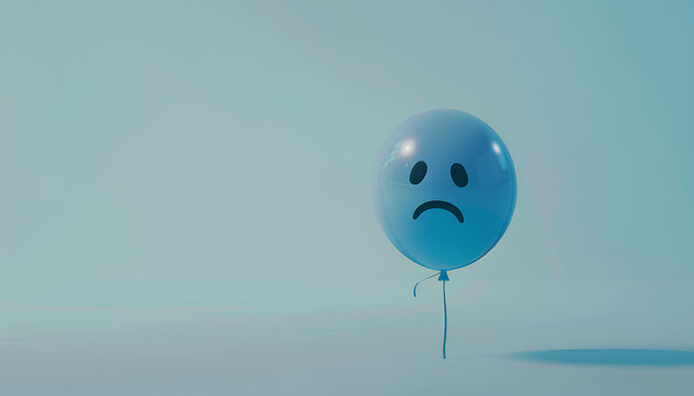 Blue balloon with sad face on light blue background
