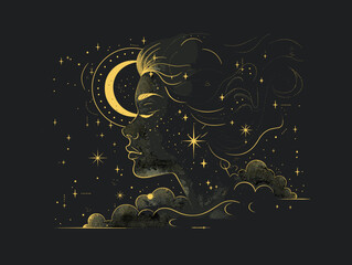 Woman's face is shown with a crescent moon in the background. The image has a dreamy, ethereal quality to it, with the woman's face and the moon creating a sense of mystery and wonder