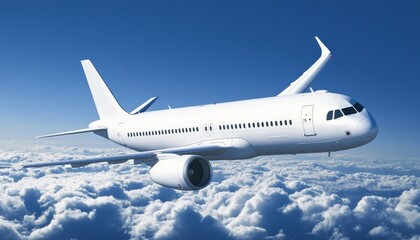 Modern Passenger Airplane Soaring Above a Sea of Fluffy White Clouds in a Bright Blue Sky