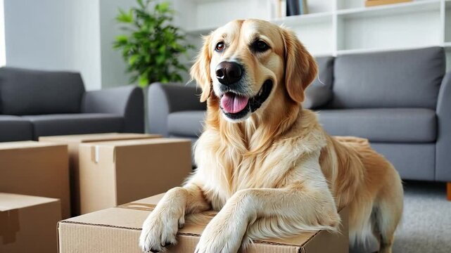 A golden retriever sits contentedly on a moving box in a living room, happy about family relocation to a new house