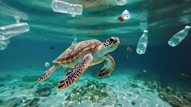 A sea turtle glides through a colorful reef, navigating past floating plastic bottles in its habitat. Problem of marine pollution