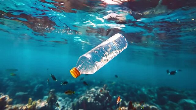 A plastic bottle drifts in crystal clear water, while small fish swim around it, highlighting marine life and pollution