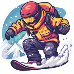 Cartoon of a snowboarder wearing a yellow jacket and red helmet. The snowboarder is in the middle of a snow-covered mountain