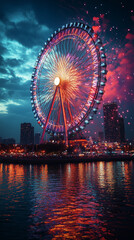 jahrmartk mit riesenrad und feuerwerk silvester jahreswechsel