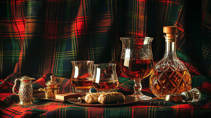 Celebrate Burns Night with tartan patterns, whisky, and traditional Scottish treats on a cozy evening