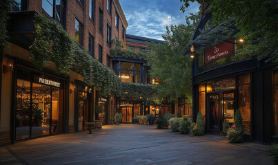 Fototapeta premium Modern Urban Square Adorned with Boutiques and Cascading Ivy Reimagined