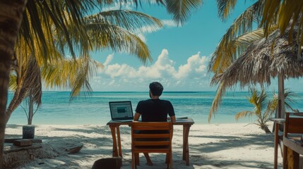 freelancer working remotely in a tropical beach setting, laptop on a table, relaxed vibe
