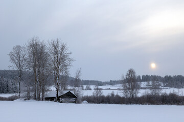 Winter landscape features a rustic wooden cabin surrounded by snow-covered fields and trees at sunset in a serene rural setting