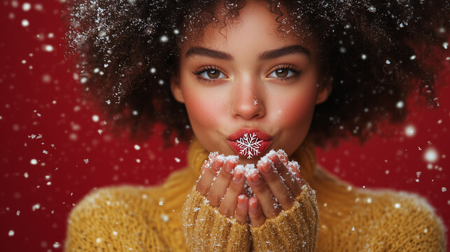 pusten, schnee, weihnachtlich, weihnachten, deko, kunstschnee, weihnachstengel, frau, sch&ouml;nheit, gestalten, gesicht, haar, leitbild, glamour, chapeau, make-up, winter, lippen, leute, black, person, ha