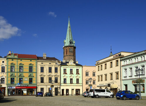 Historic houses on the castle square (Zamecke namesti) in Frydek, Moravia, Czech Republik