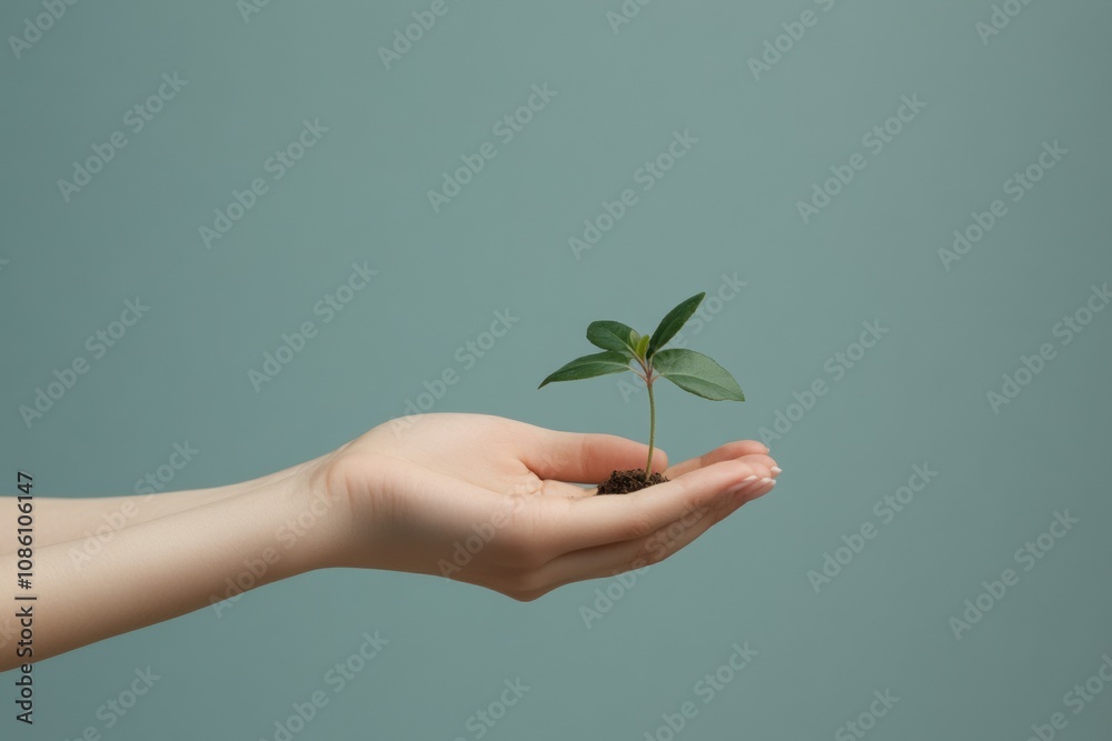 Poster tender hands hold a small green seedling with soil, showcasing a connection with nature and the beau