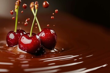 Close up delicious cherries falling into melted chocolate. Space for copy