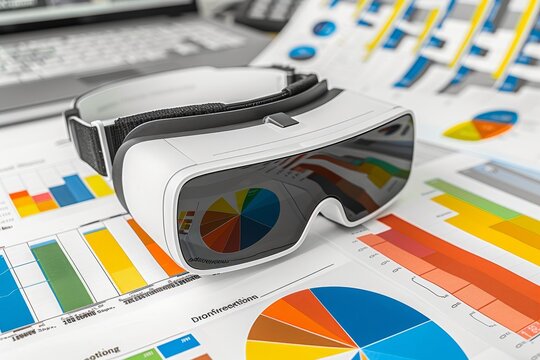 Virtual Reality Headset on Scattered Charts, Immersive Data Analysis And Innovation Concept