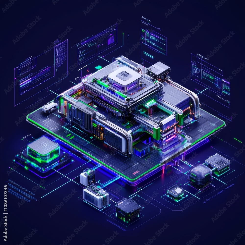 Poster the circuit board of a futuristic server is processing code on a multicolor technology background. t