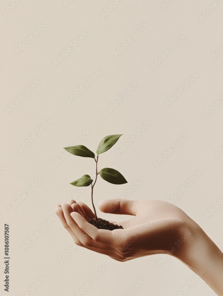 Poster hands support a small green seedling, showcasing care and responsibility in nurturing new life in a 