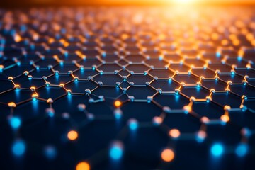 Fototapeta premium An abstract background with glowing hexagons reminiscent of futuristic technology honeycomb mosaic. Illustration rendered in 3D.