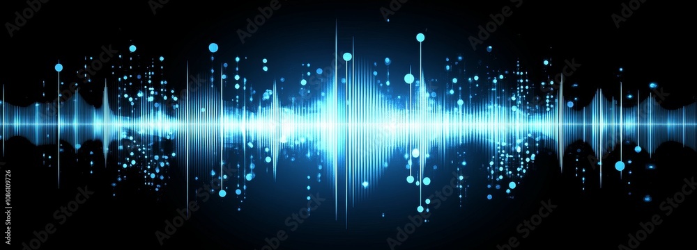 Poster 3d rendering with abstract blue background of points and falling cyber particles.