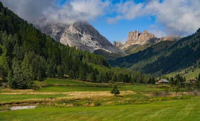 Naklejka premium Summer sunny landscape of Val Duron in the Dolomites, Campitello di Fassa, Italy, Europe