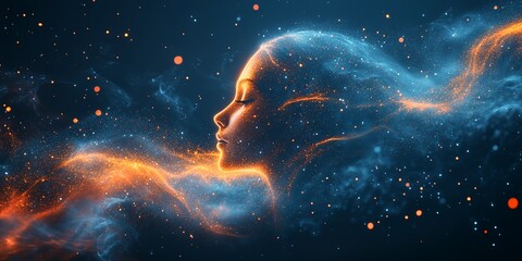 Obraz premium A Woman’s Profile Illuminated by Cosmic Colors, Showcasing Vibrant Swirls of Orange and Blue in a Starry Background at Night, Symbolizing the Beauty of the Universe Within