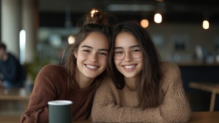 Fototapeta premium Two women are smiling and posing for a picture in a cafe