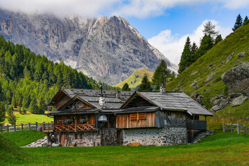 Summer sunny landscape of Val Duron in the Dolomites, Campitello di Fassa, Italy, Europe