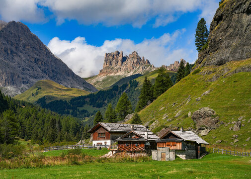 Scenic summer sunny landscape of Val Duron in the Dolomites, Campitello di Fassa, Italy, Europe