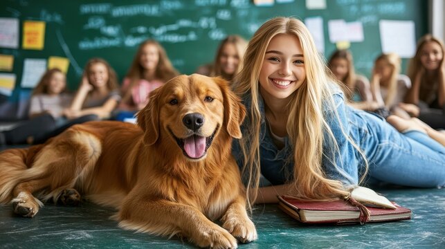 A girl lies on the floor next to her golden retriever, smiling brightly while students are gathered in the background, creating a joyful atmosphere in the classroom