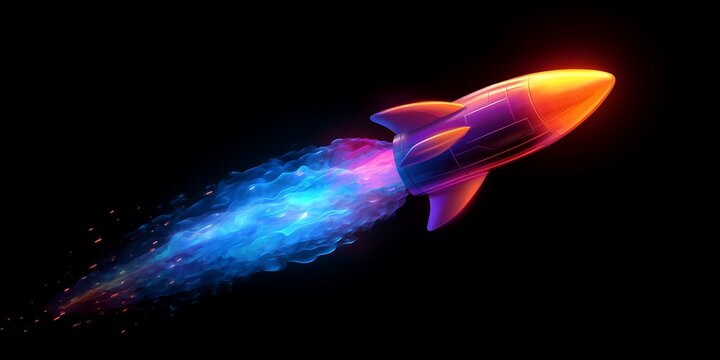 A Colorful Rocket Launches Into Space, Leaving a Vibrant Trail of Glowing Smoke Against a Dark Background, Symbolizing Exploration and Adventure in the Universe