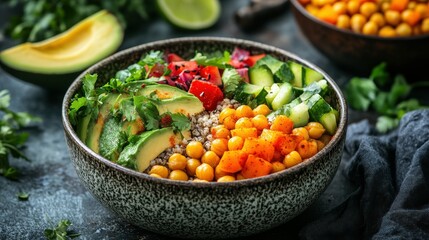 A vibrant salad bowl filled with chickpeas, sliced avocado, cucumbers, and colorful peppers sits on a rustic table, garnished with fresh herbs. A fresh lime adds a pop of color