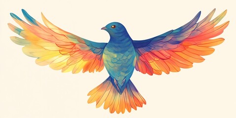 A Colorful Bird With Vibrant Wings Spreads Its Feathers Against a Light Background, Showcasing Intricate Patterns and a Stunning Blend of Blue, Orange, and Yellow Hues