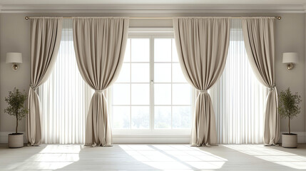 Elegant soft curtain panels and blinds enhancing natural light in a spacious living room setting