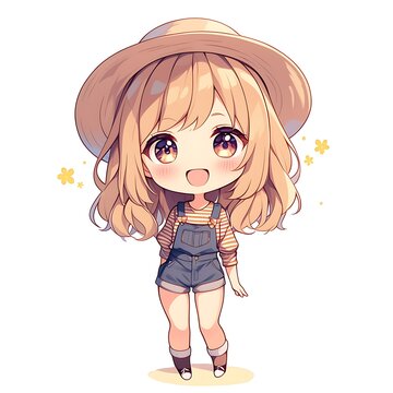 recommend clip art: Cute chibi girl summer hat overalls